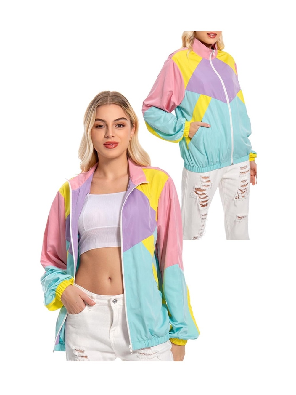 Retro Color Block Windbreaker Jacket Lightweight Long Sleeve Zip Up Track Top